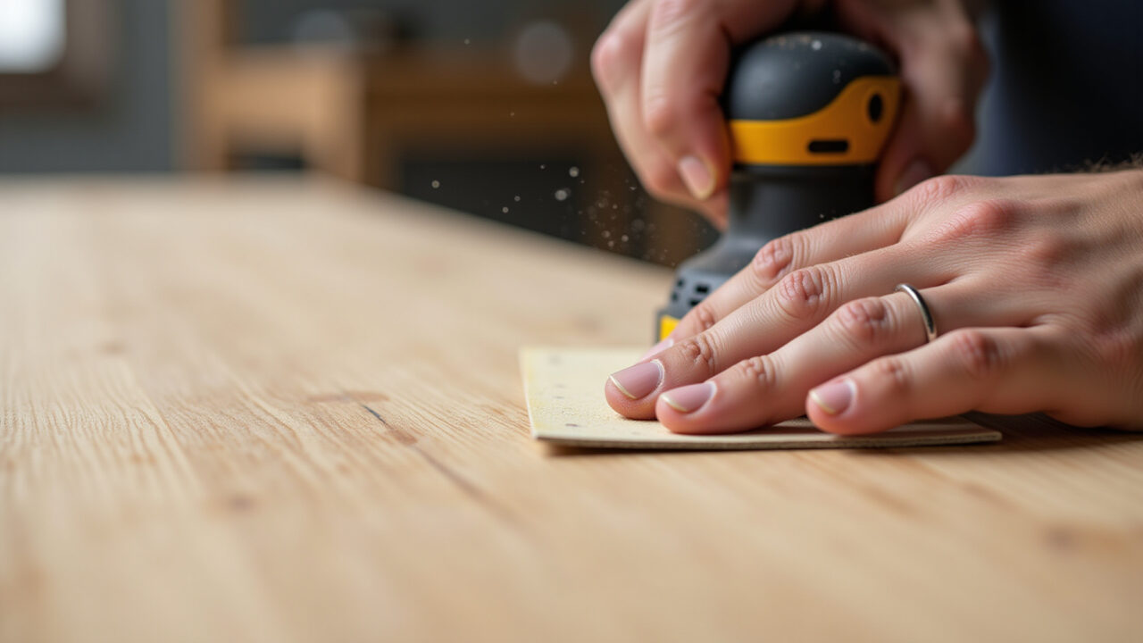 Close-up, professional photography of a hand sanding a wooden surface with sandpaper, showcasing Mão lixando madeira com lixa, detalhe da textura e pó.