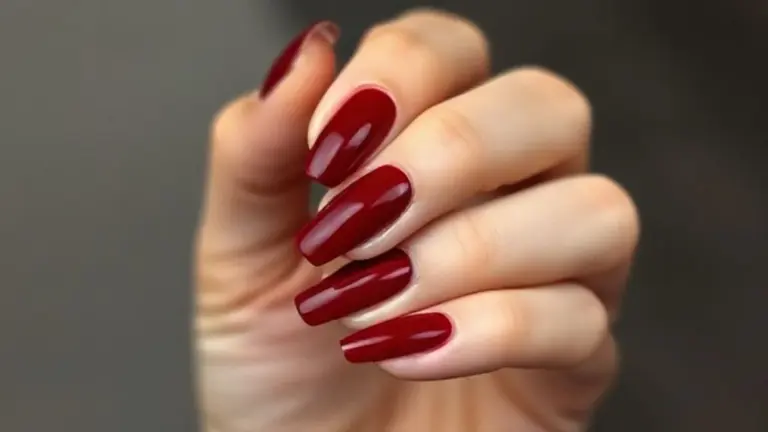 Mão com unhas impecáveis pintadas com esmalte vermelho cereja escuro brilhante.