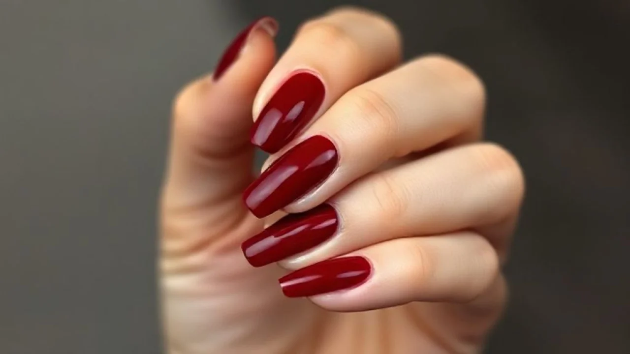 Mão com unhas impecáveis pintadas com esmalte vermelho cereja escuro brilhante.