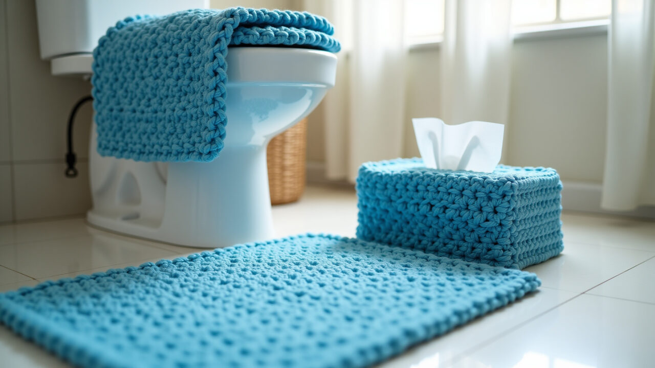 Close-up, professional photography of a handmade blue crochet bathroom set, including rug, toilet Jogo de banheiro em crochê azul artesanal em banheiro moderno.