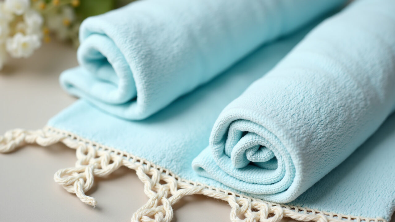 Close-up, professional photography of a light blue towel with delicate macrame trim, natural cotton Toalha de rosto azul claro com delicado acabamento em macramê.