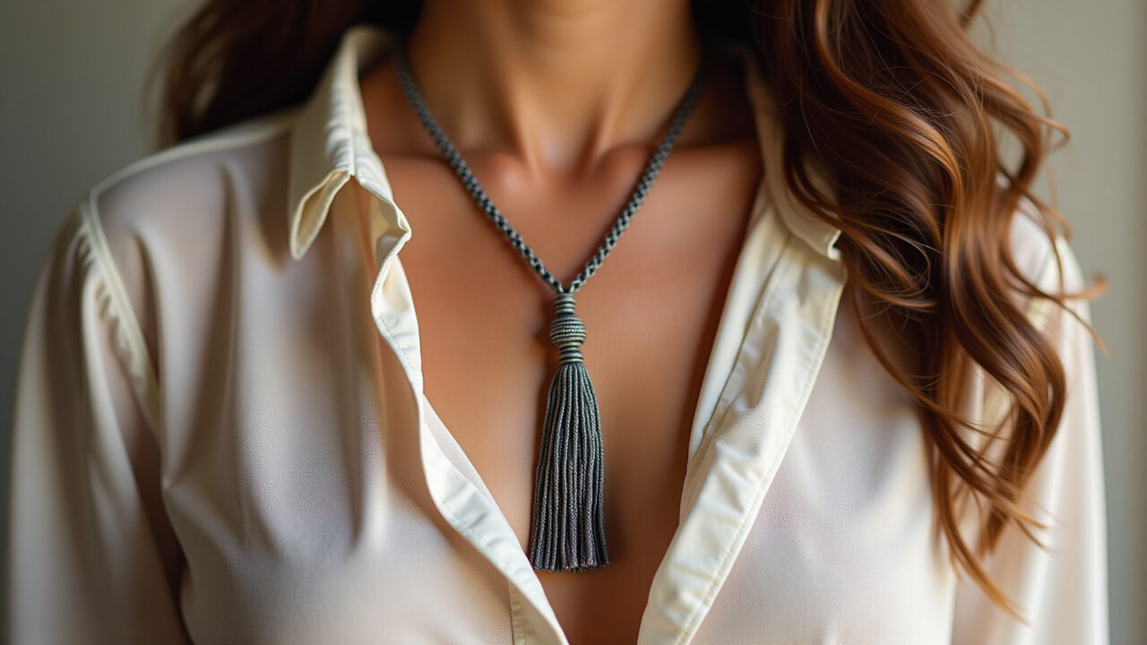 Close-up, professional photography of a macrame necklace with a long tassel, boho chic style, Colar de macramê com tassel longo, estilo boho chic.
