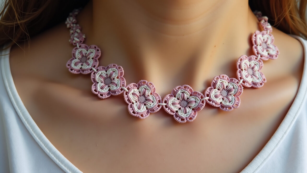 Close-up, professional photography of a macrame necklace with festoon knots forming flower Colar de macramê com nó festonê formando flores.