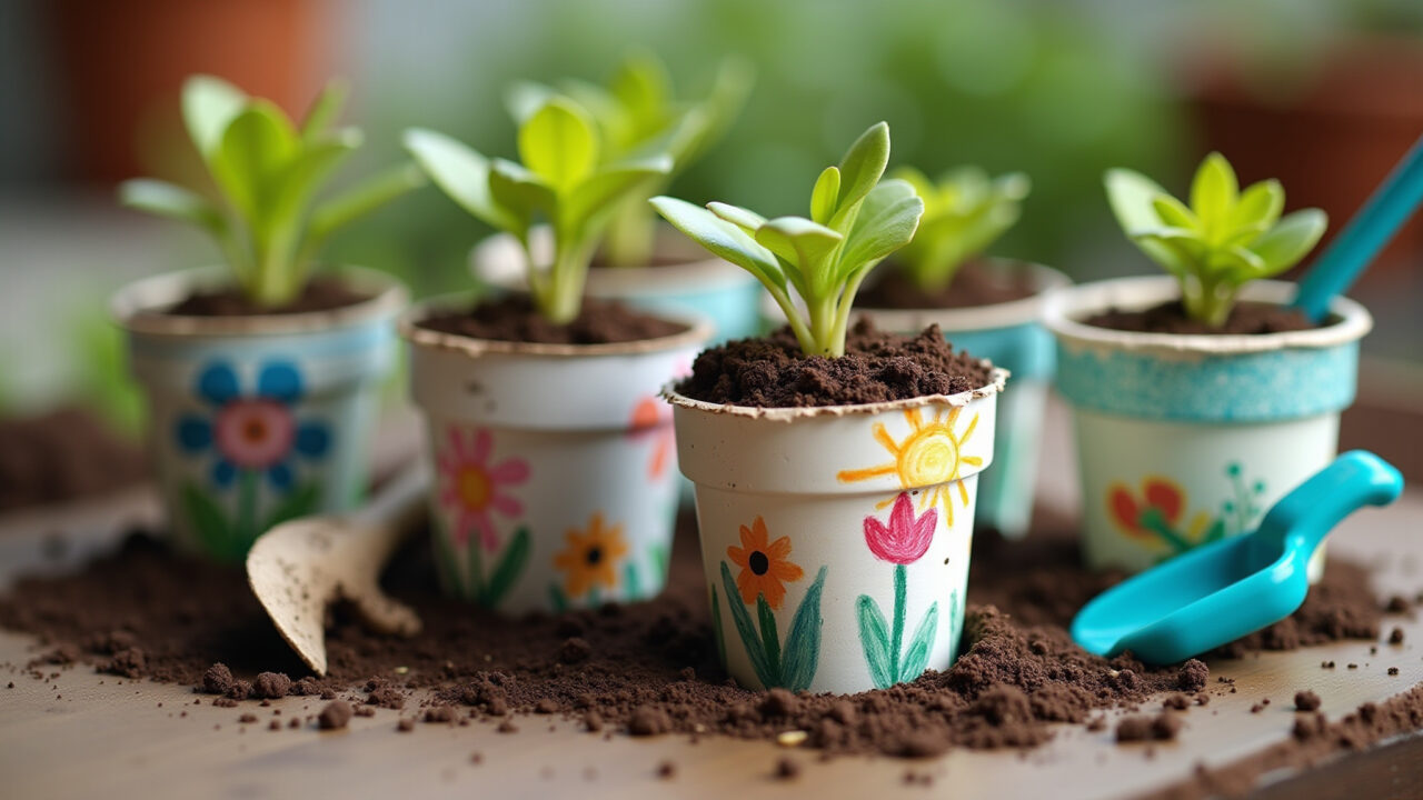 Mini kit de jardinagem divertido em potes de iogurte reciclados.