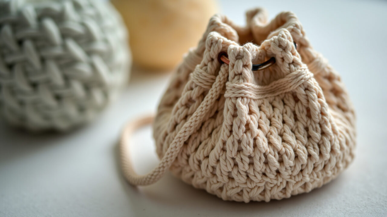 Mini bolsa de macramê com detalhes delicados.
