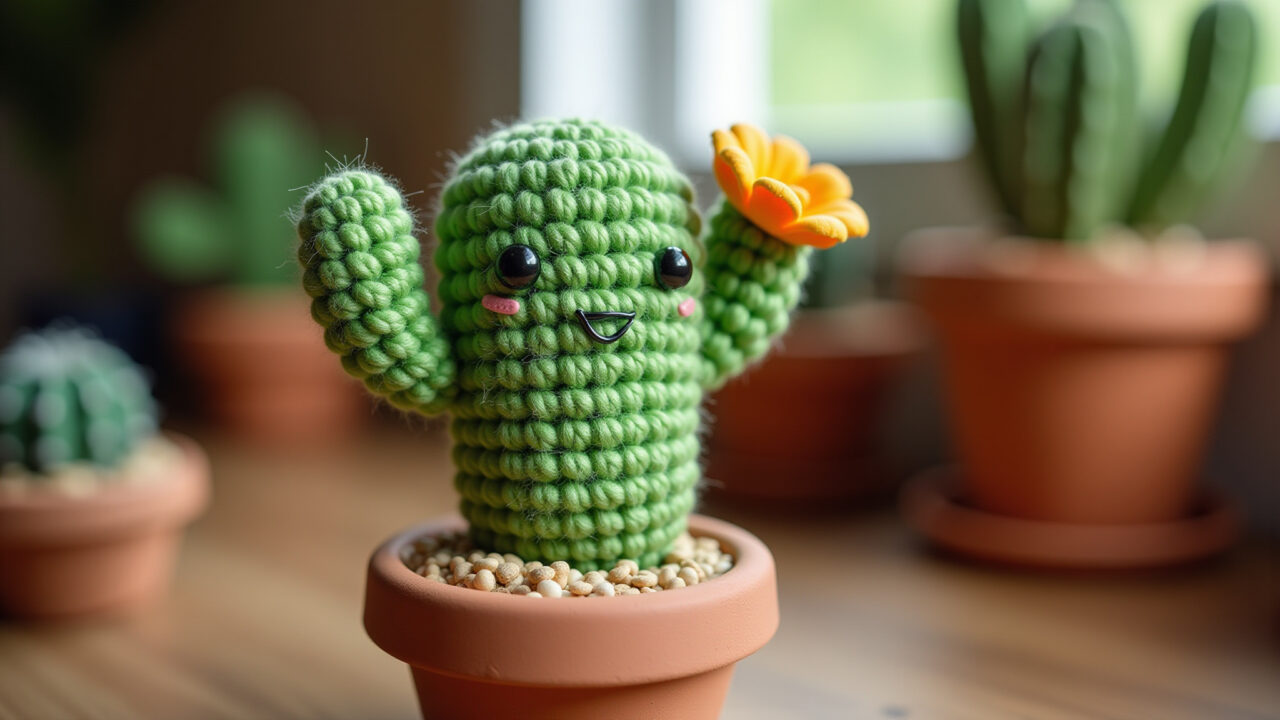 Close-up, professional photography of a mini Mandacaru cactus amigurumi, vibrant colors, Brazilian Mini cacto Mandacaru de crochê, decoração brasileira.