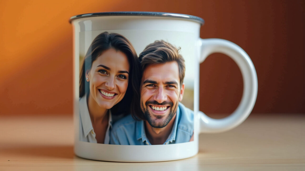 Caneca personalizada com foto de casal, ideia de presente criativo.