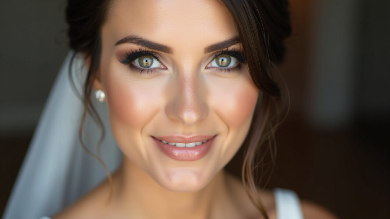 Close-up, professional photography of a radiant brunette bride with natural, glowing makeup, soft Noiva morena radiante com maquiagem natural e iluminada.