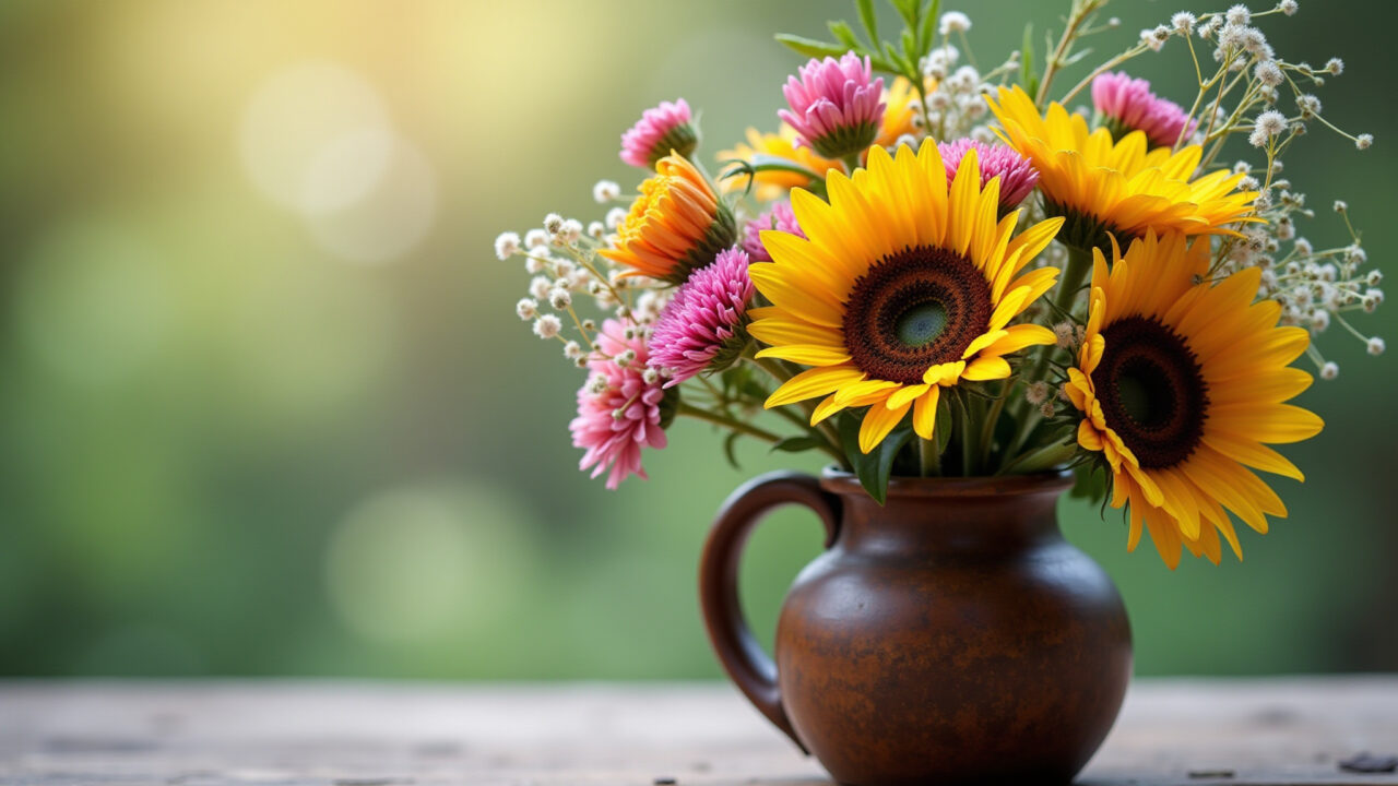 Close-up, professional photography of a rustic ceramic vase filled with vibrant wildflowers, Vaso rústico com margaridas e girassóis.