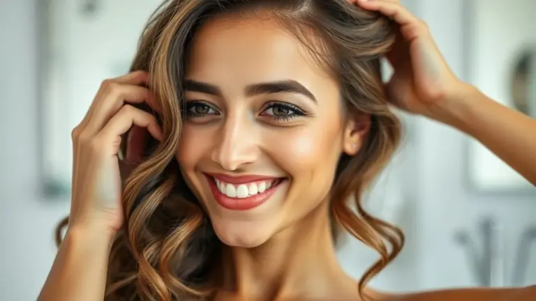 Mulher brasileira sorrindo aplica creme em cabelo ondulado em banheiro iluminado.