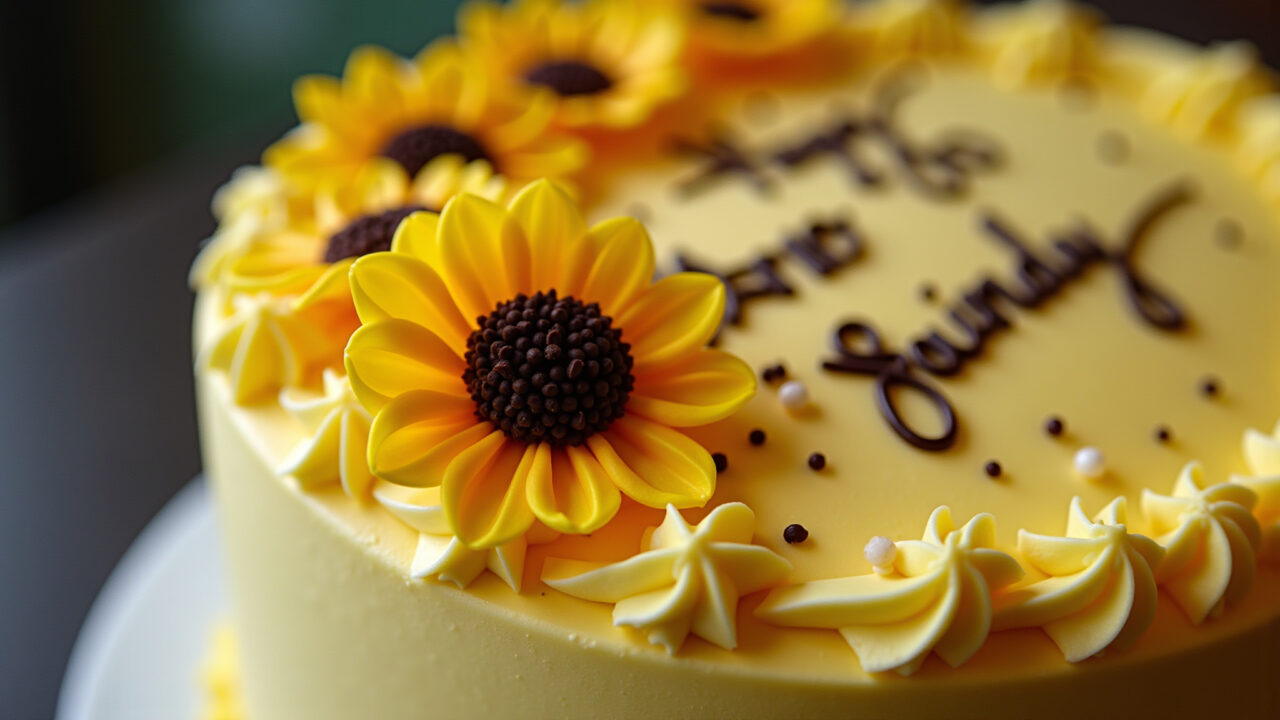 Close-up professional photography of a sunflower cake with yellow chantilly, chocolate sprinkles, Bolo girassol simples com chantilly amarelo e granulado.
