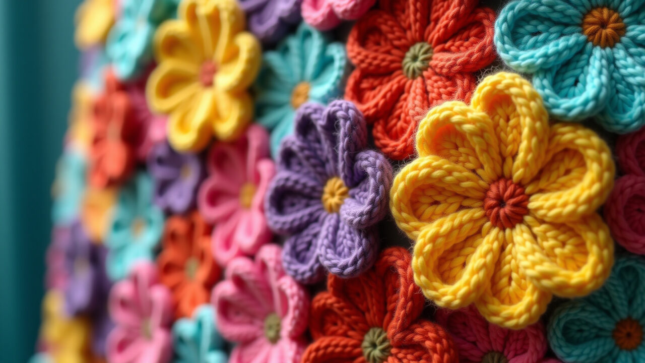 Close-up, professional photography of a vibrant crochet bathroom set with large, colorful flowers, Jogo de banheiro em crochê com flores grandes e vibrantes.