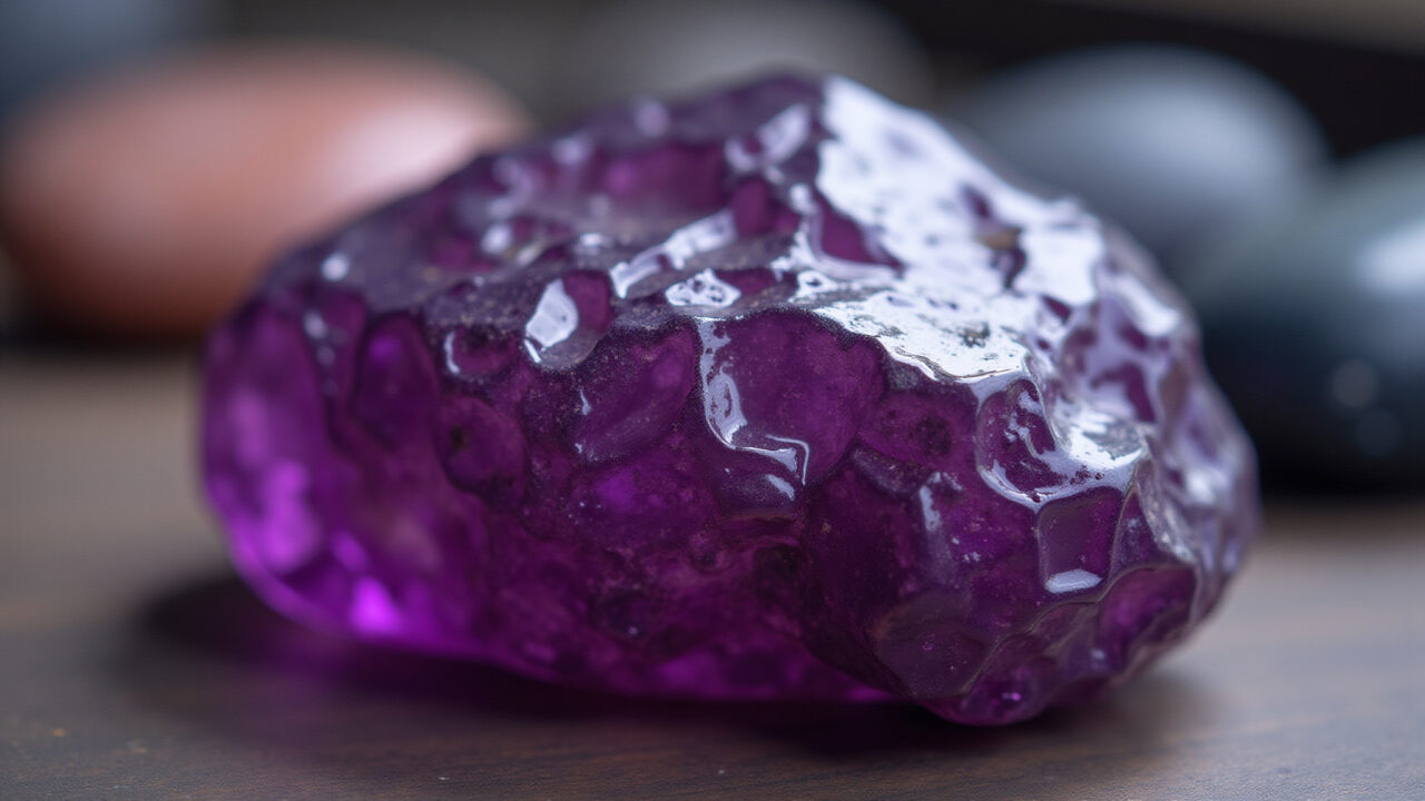 Close-up, professional photography of a vibrant purpurite stone, showcasing its deep purple hues Pedra purpurita vibrante com tons de roxo intenso.