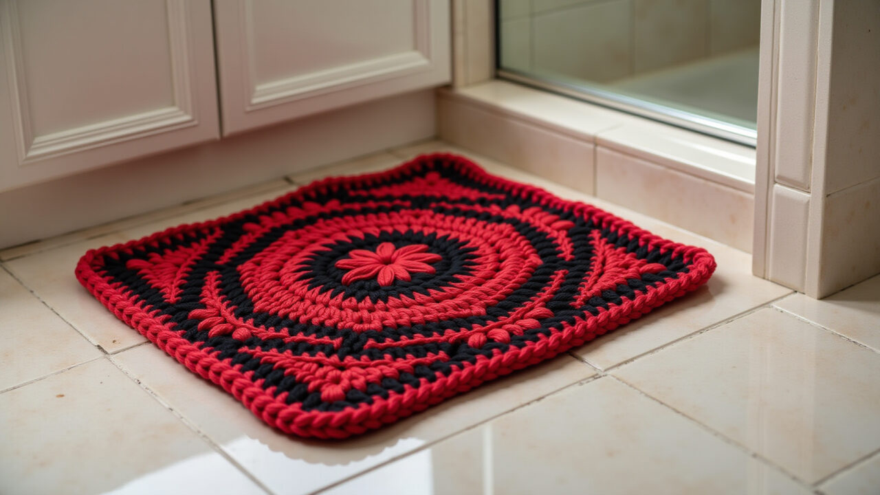 Close-up, professional photography of a vibrant red and black crochet bathroom rug set on a tiled Jogo de banheiro de crochê vermelho e preto com detalhes intrincados.