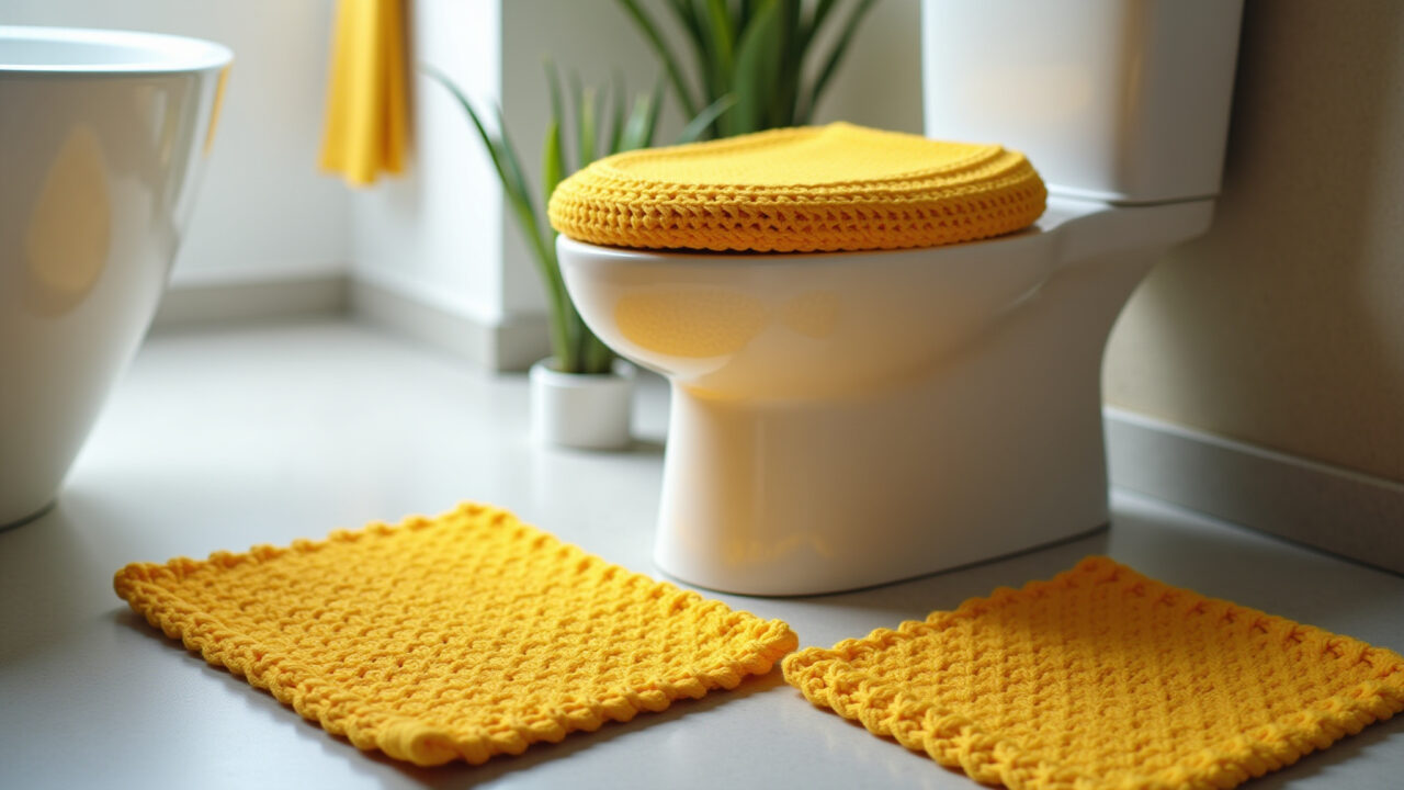 Close-up, professional photography of a vibrant yellow crochet bathroom set, including rug and Jogo de banheiro em crochê amarelo vibrante.