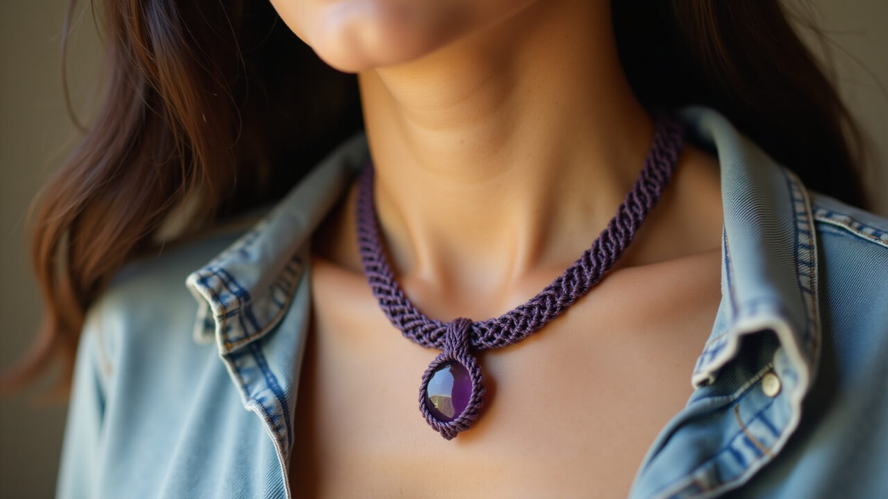 Close-up, professional photography of a woman with dark hair wearing a macrame necklace with a Colar de macramê com pedra ametista natural, estilo boho.