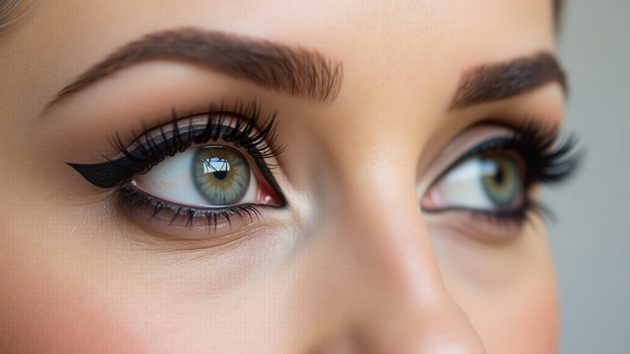 Close-up, professional photography of a woman's eye with subtle cat eyeliner and neutral eyeshadow, Olho com delineado gatinho e sombra neutra.