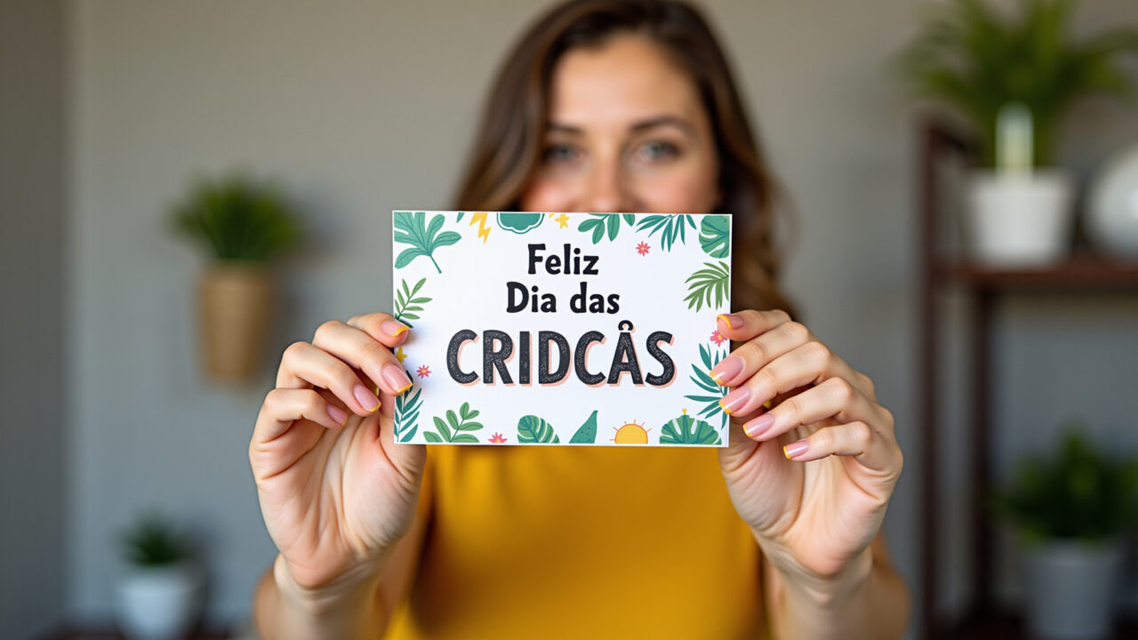 Mãos segurando cartão colorido de Dia das Crianças.