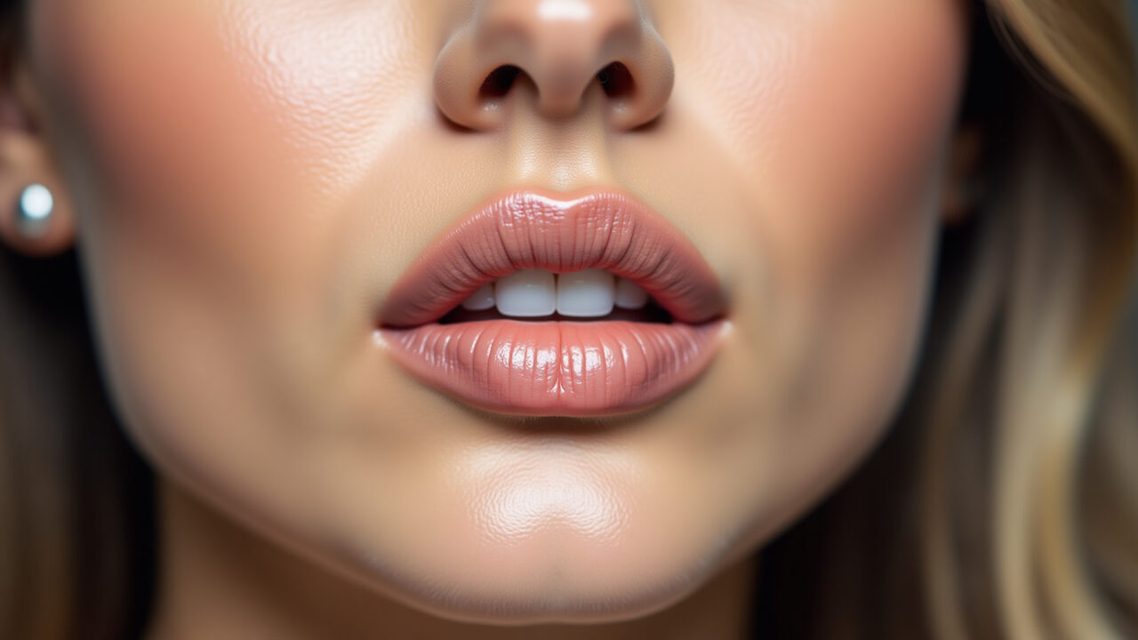 Close-up, professional photography of a woman's lips with nude lipstick, classic wedding makeup, Lábios com batom nude para maquiagem de casamento.