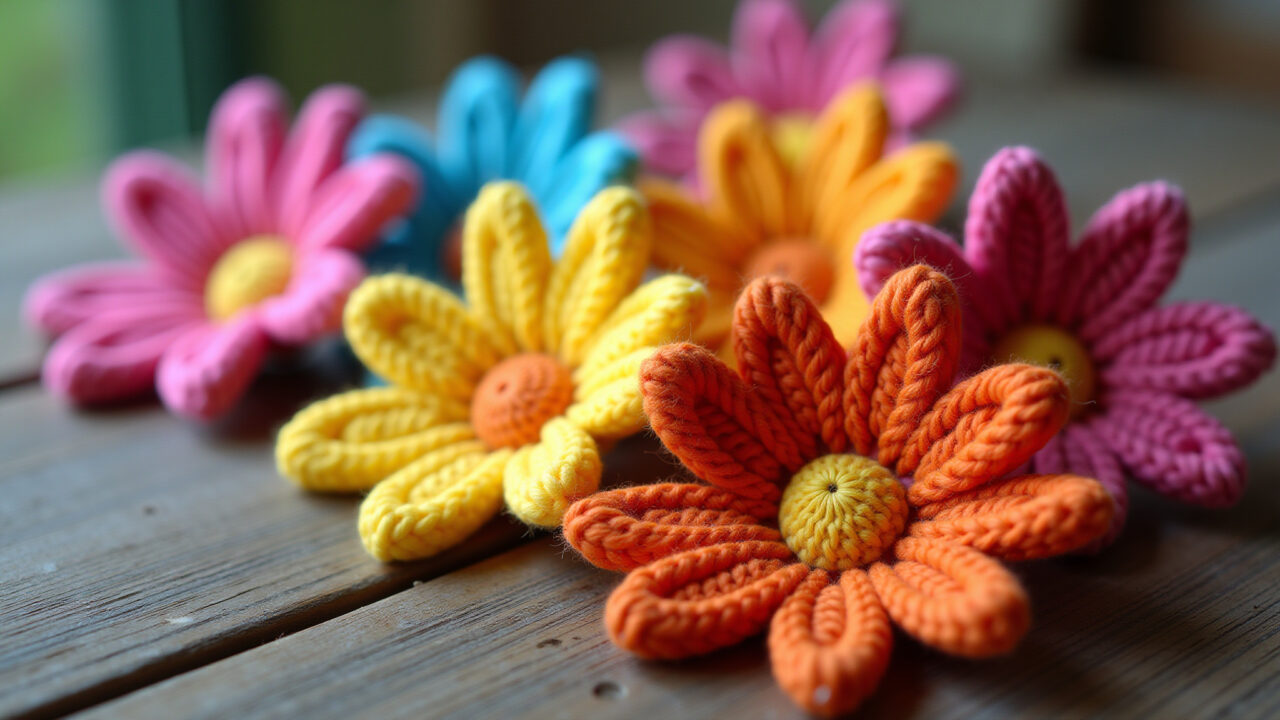 Close-up, professional photography of crocheted daisy flowers in vibrant colors, arranged artfully Flores margaridas de crochê coloridas em mesa rústica.