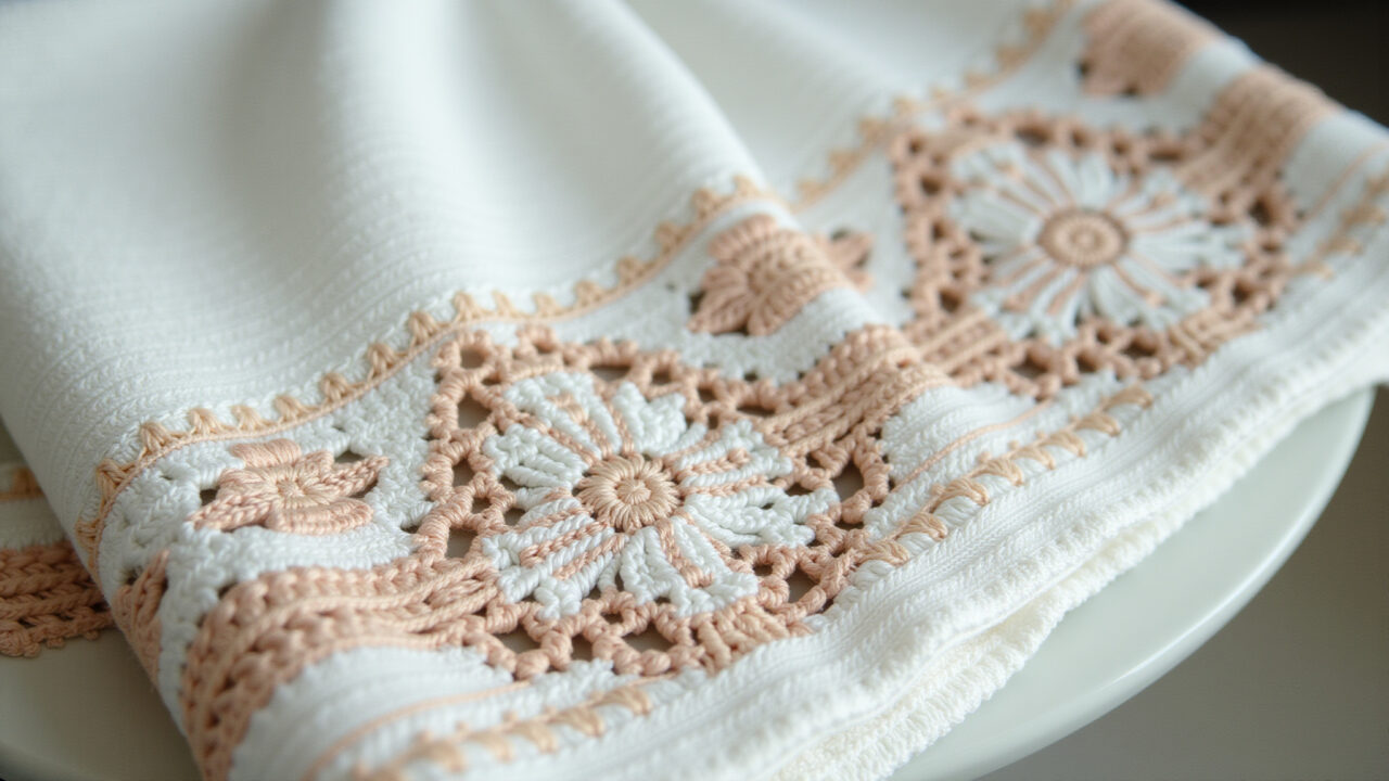 Close-up, professional photography of decorative crochet borders on a bathroom towel, intricate Bordas decorativas de crochê em toalha de banheiro.