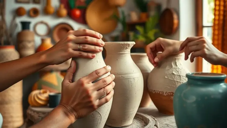 Mãos habilidosas criando vasos de gesso coloridos, decoração artesanal brasileira.