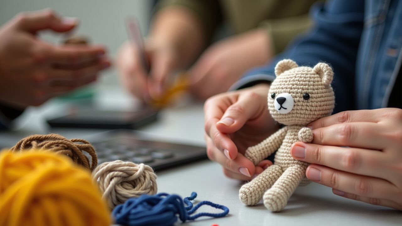 Close-up professional photography of diverse hands crafting amigurumi, yarn, crochet hooks, Mãos diversas trabalhando em amigurumi, calculando custos.