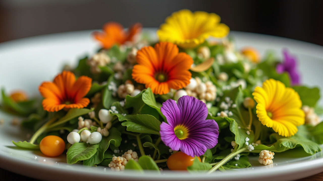 Close-up, professional photography of edible wildflowers decorating a salad, Brazilian cuisine, Salada decorada com flores comestíveis.