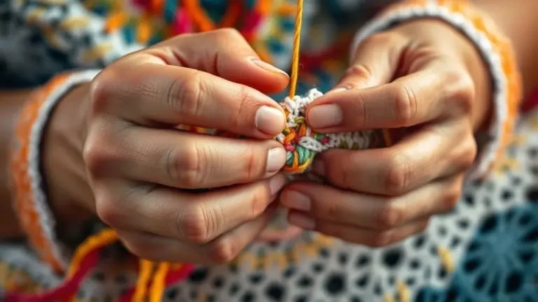 Mãos habilidosas crocheteando renda de bilro, técnica broomstick lace.