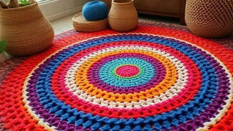 Mãos habilidosas crocheteando tapete redondo colorido com fio de algodão em ambiente aconchegante no Brasil.