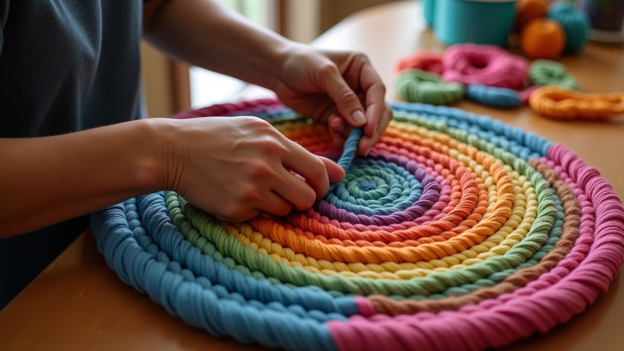 Mãos habilidosas criando um sousplat de macramê redondo.