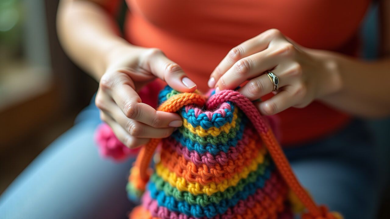 Mãos habilidosas crocheteando uma bolsa colorida.
