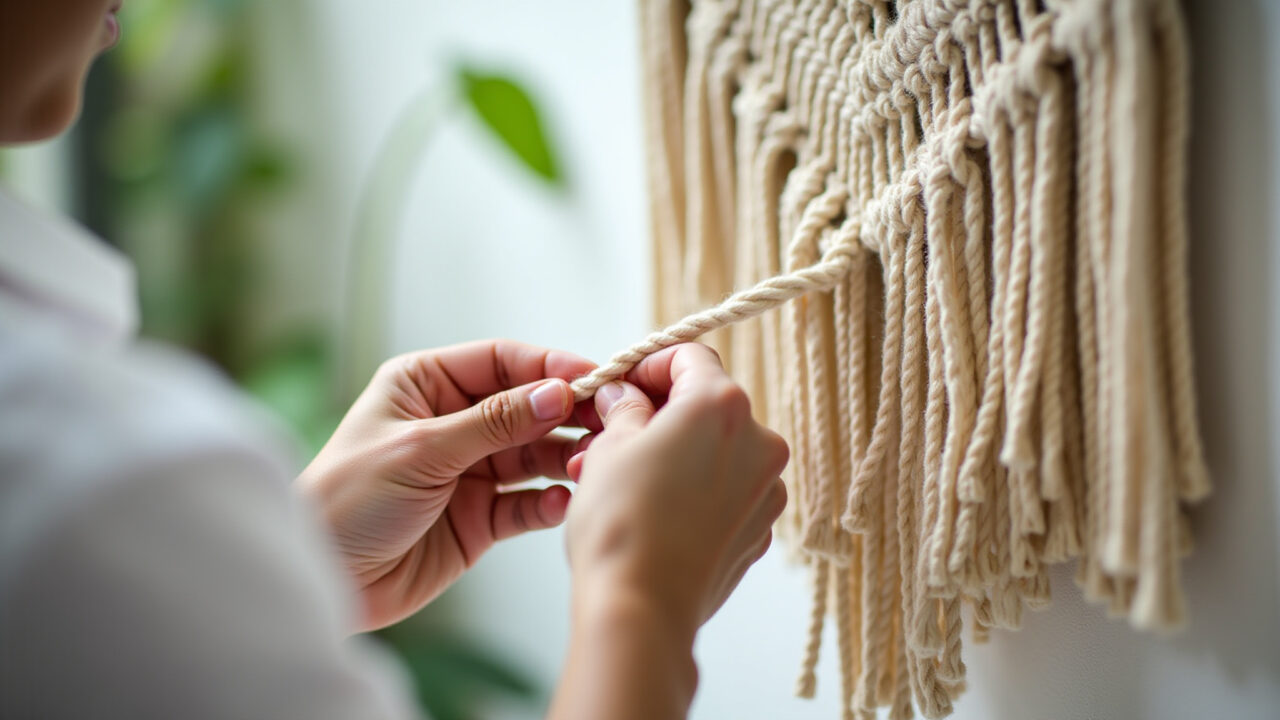 Close-up, professional photography of hands intricately knotting cotton cords to create a macrame Mãos habilidosas criando um painel de macramê detalhado.