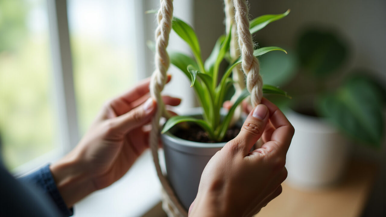 Mãos habilidosas criando um suporte de planta macramê com corda de algodão.