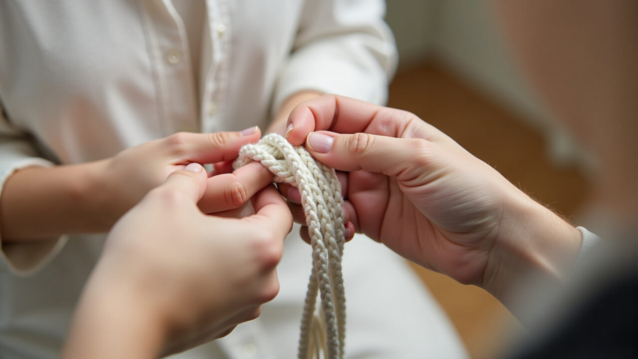 Mãos habilidosas criando um projeto de macramê com corda de algodão natural.