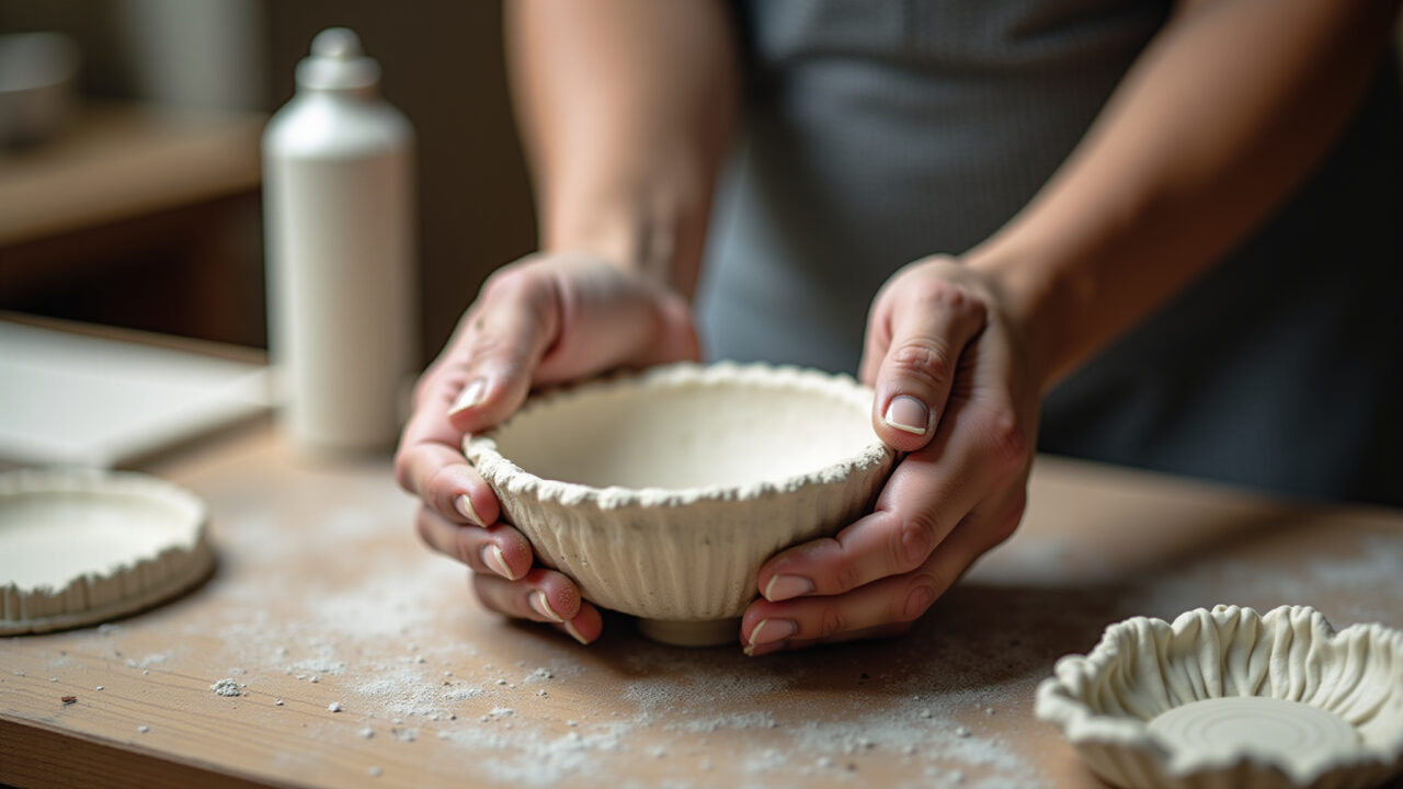 Mãos moldando gesso para criar um objeto decorativo artesanal.
