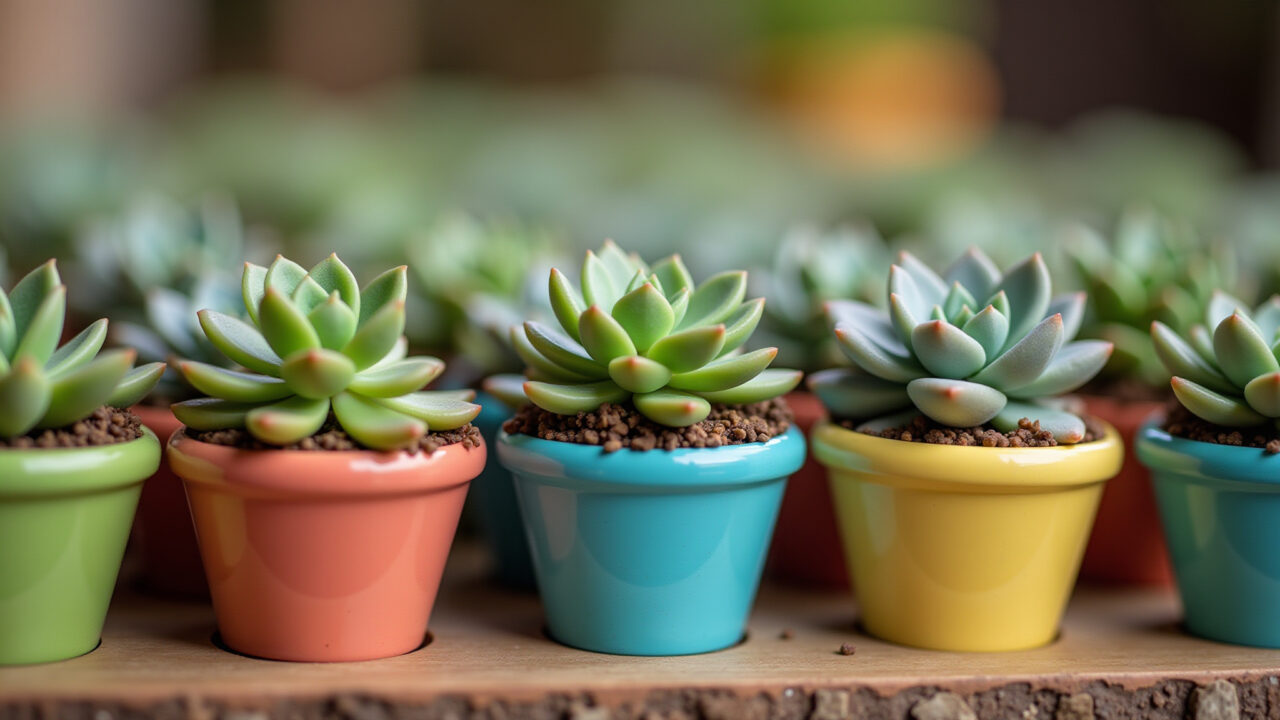 Mini suculentas em vasinhos decorados como lembrancinhas de casamento.