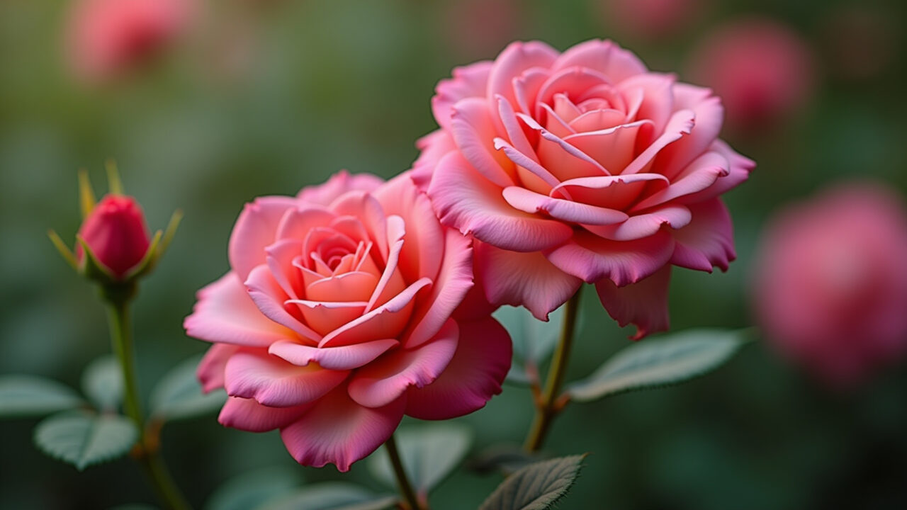 Close-up, professional photography of vibrant pink roses in a lush Brazilian garden, natural Rosas cor de rosa vibrantes em jardim brasileiro exuberante.