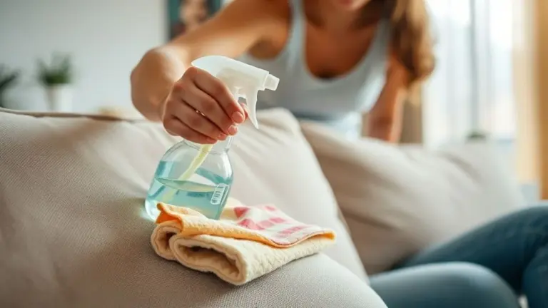 Mulher limpa sofá de tecido em casa com borrifador e pano, foco nos detalhes da limpeza.