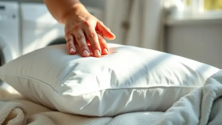 Mãos femininas espremendo travesseiro branco e limpo, com luz solar suave.