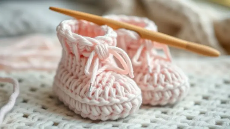 Sapatinhos de crochê para bebê feitos à mão, cores pastel, foco nítido.