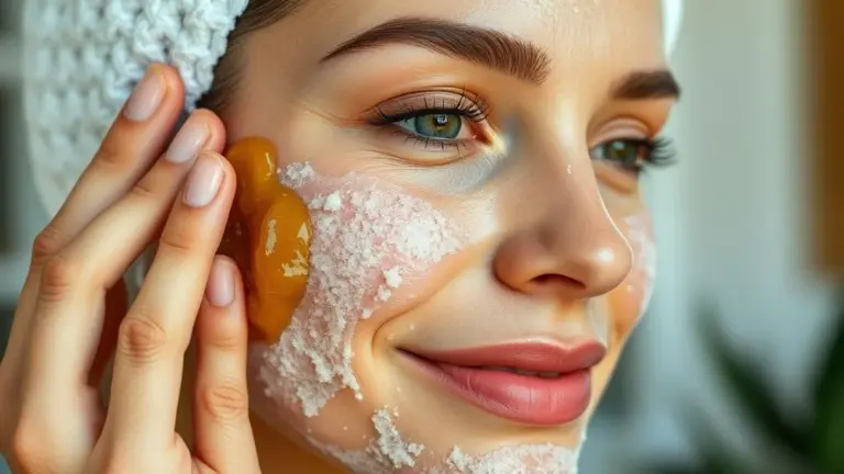 Mulher aplicando esfoliante caseiro de açúcar e mel no rosto, pele radiante.