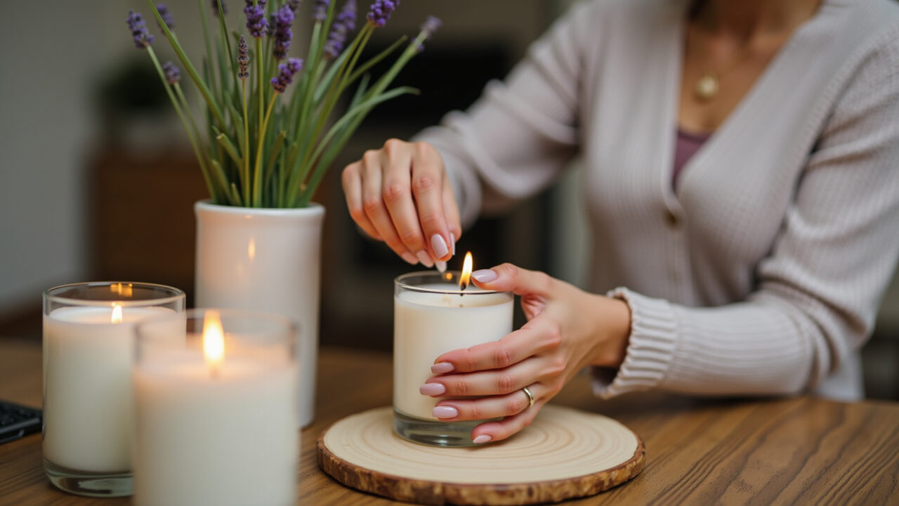 Mulher fazendo vela de lavanda artesanal em casa.