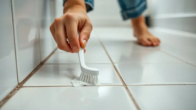 Mãos femininas esfregando rejunte de piso com escova de dentes, limpando e deixando branquinho.