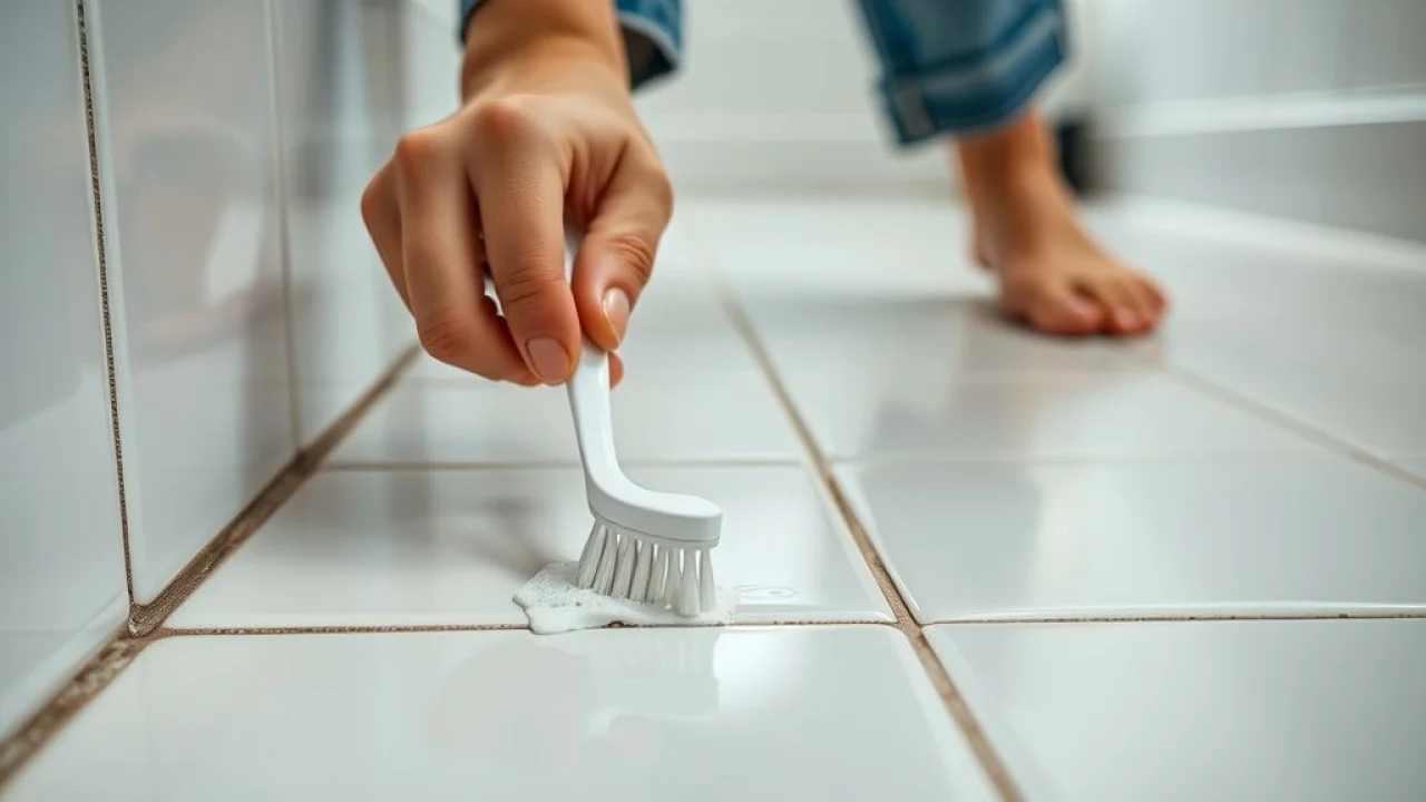 Mãos femininas esfregando rejunte de piso com escova de dentes, limpando e deixando branquinho.