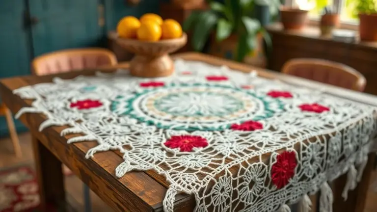 Toalha de mesa quadrada de crochê colorida sobre mesa de madeira rústica, decoração brasileira.