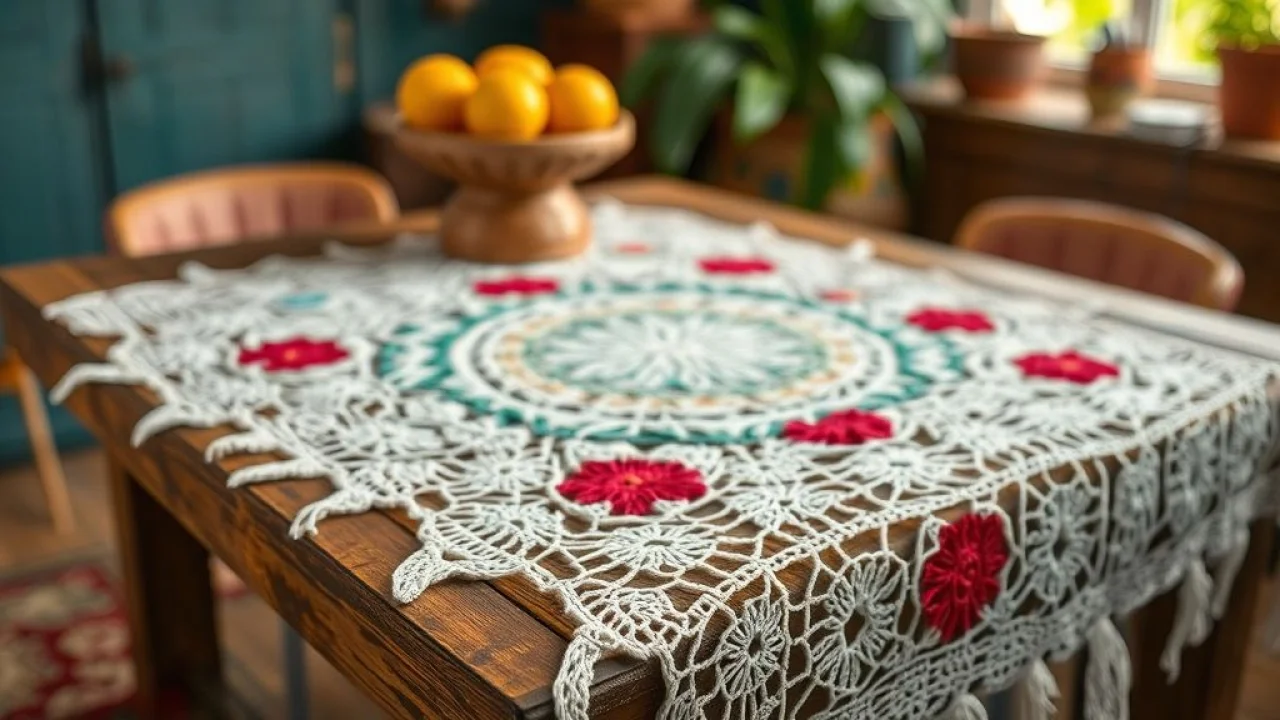 Toalha de mesa quadrada de crochê: 15 Modelos e Dicas de Passo a Passo Toalha de mesa quadrada de crochê colorida sobre mesa de madeira rústica, decoração brasileira.