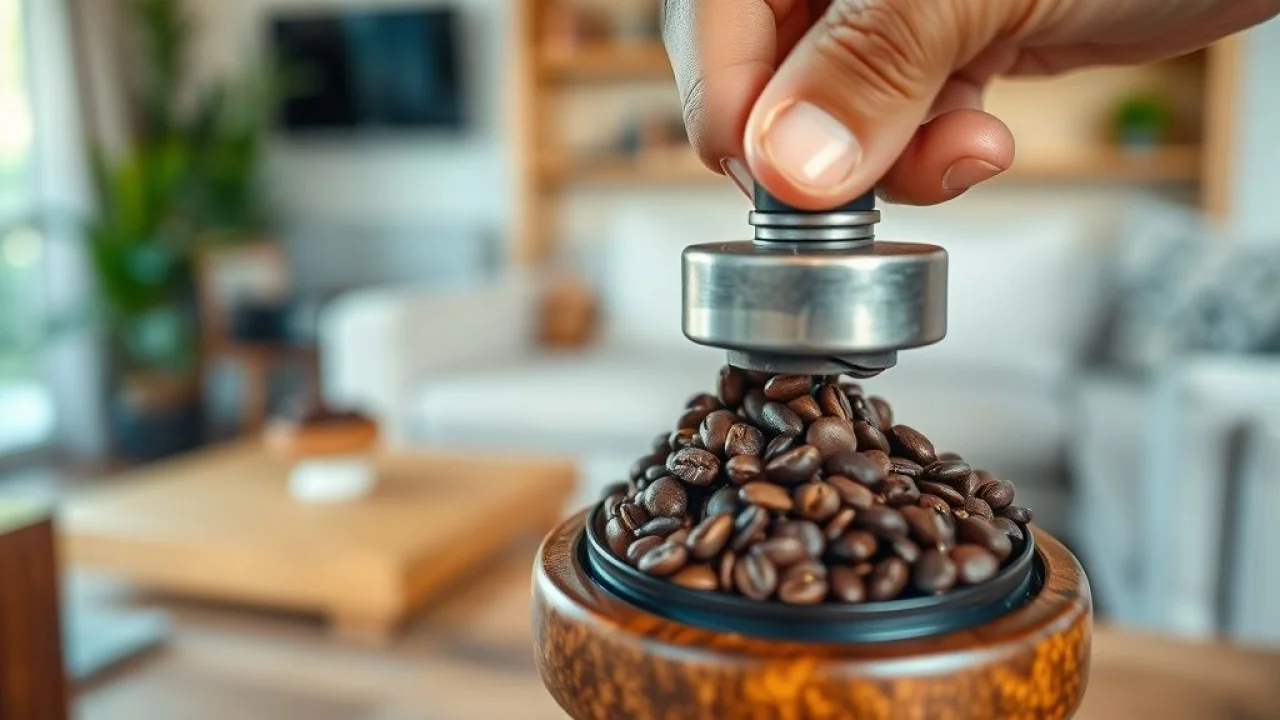 Close-up shot of a hand grinding coffee beans in a manual grinder, with a wooden coffee station and Moendo grãos de café em moedor manual, cantinho do café, ambiente relaxante e aroma convidativo.