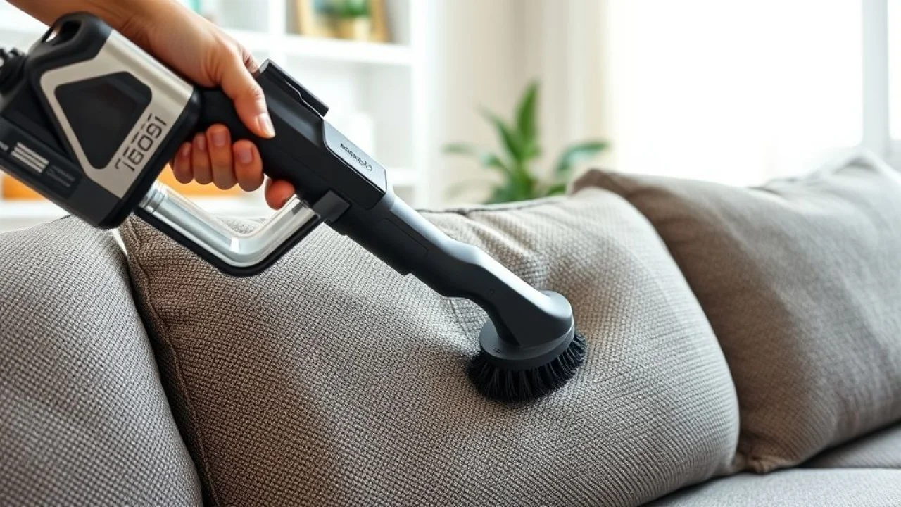 Close-up shot of a hand using a vacuum cleaner with a brush attachment to clean a textured fabric Aspirador de pó sendo usado para limpar sofá de tecido em casa brasileira.
