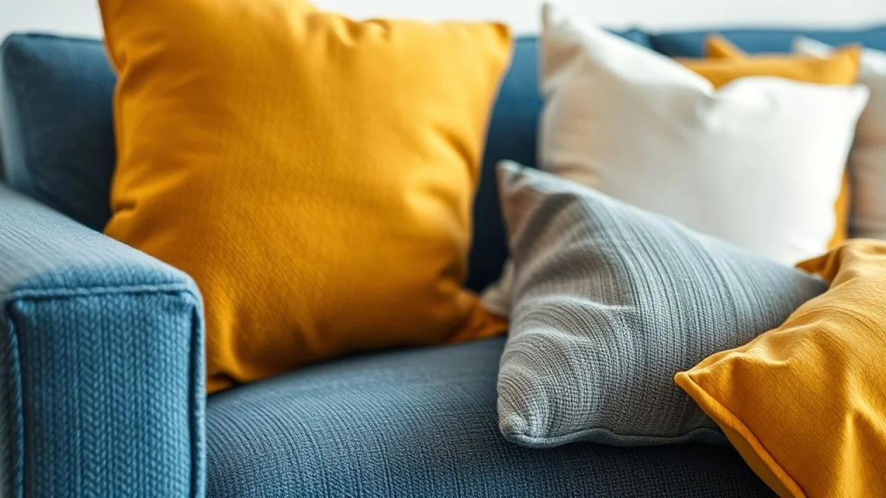 Close-up shot of a textured blue sofa with various throw pillows in shades of white, gray, and Detalhe de sofá azul com almofadas brancas, cinzas e amarelas.